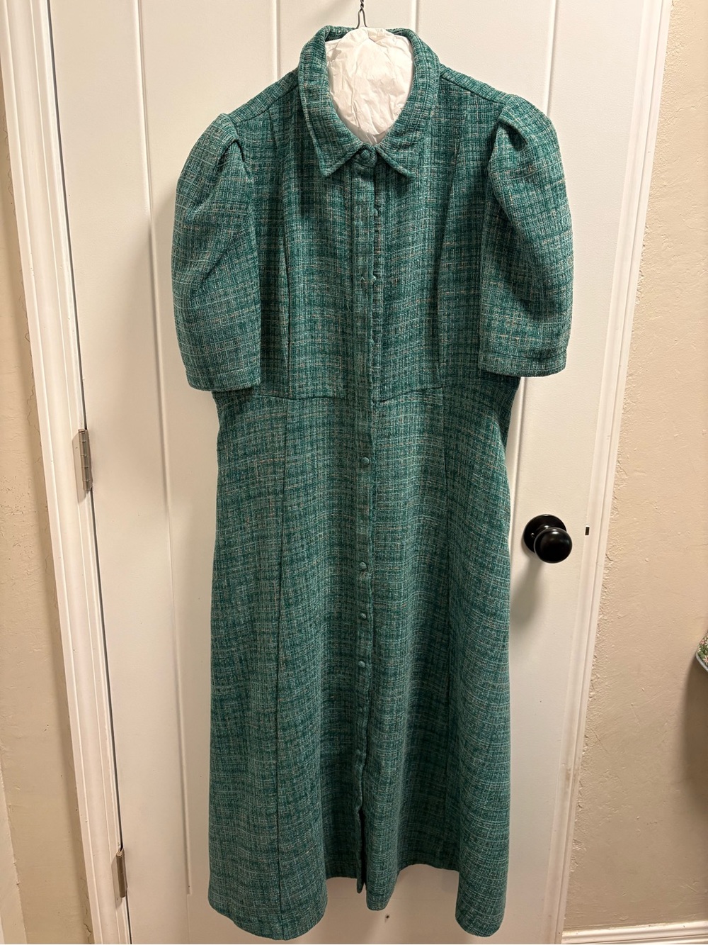 Teal Plaid Midi Dress with Puff Shoulders